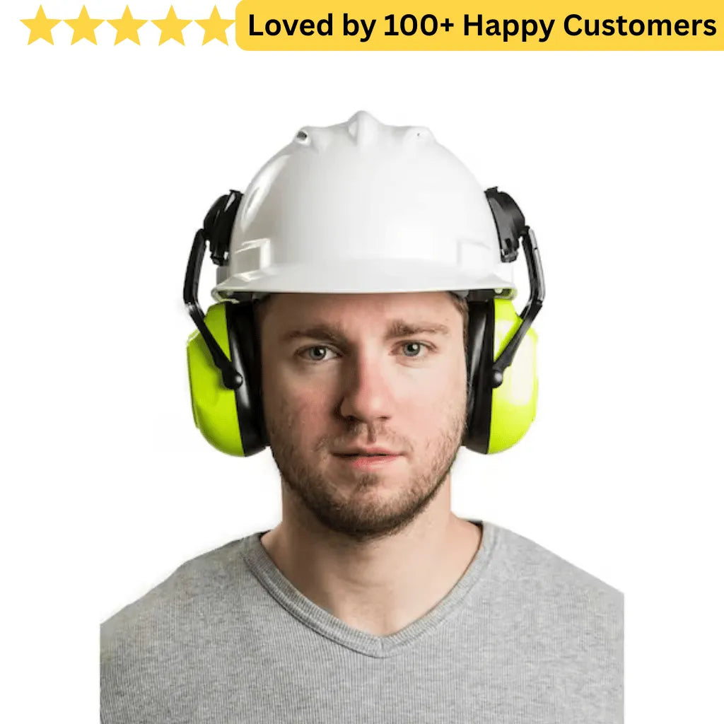 Person wearing a white hard hat and yellow ear protection with text 'Loved by 100+ Happy Customers' above. Ear Muffs Protect Hearing in Noisy Aluminium Workshops (Red)