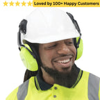 Man wearing a white helmet and yellow safety vest with ear protection, smiling. Ear Muffs Protect Hearing in Noisy Aluminium Workshops (Red)