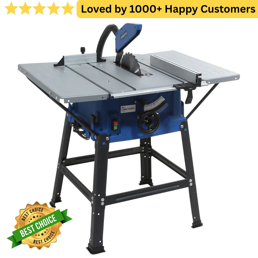 Table saw with a 'Best Choice' badge and text 'Loved by 1000+ Happy Customers' on a white background, Get Clean Aluminium Cuts with This Table Circular Saw