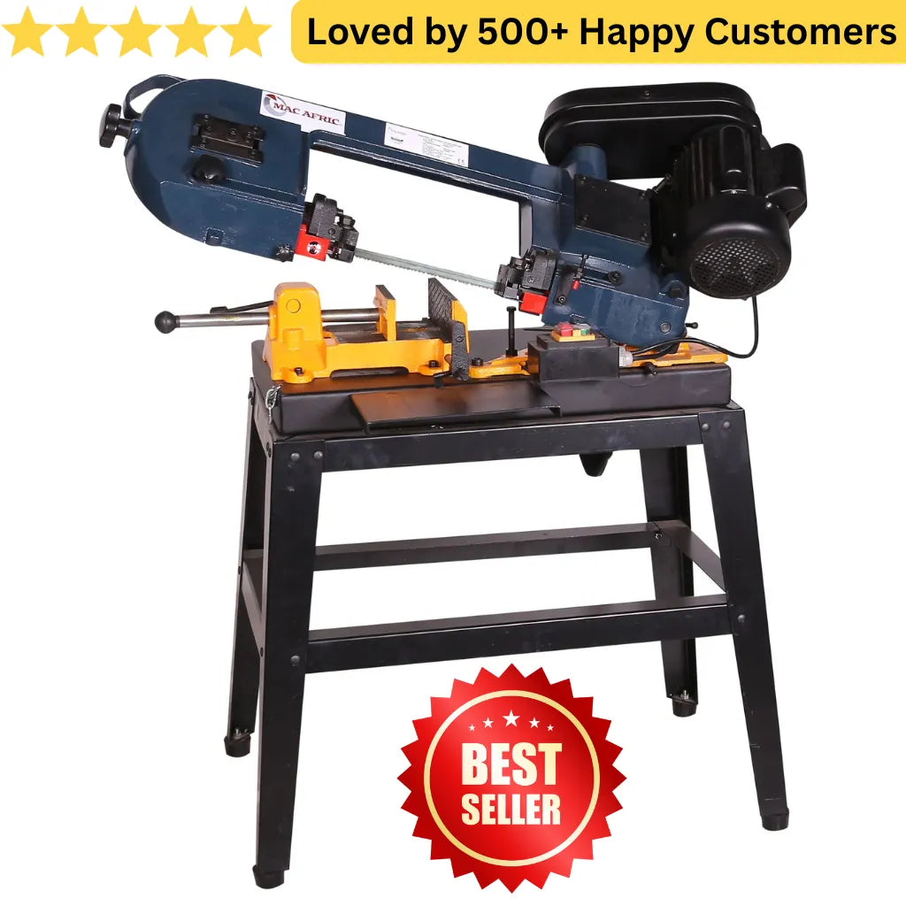 Band saw machine with a 'Best Seller' badge and customer satisfaction text on a white background. Get Clean Metal Cuts with MAC AFRIC BandSaw