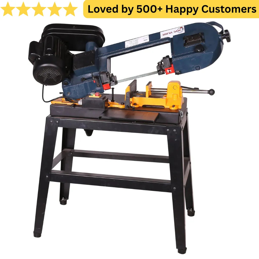 Bandsaw on a stand with a yellow background and text 'Loved by 500+ Happy Customers'. Get Clean Metal Cuts with MAC AFRIC BandSaw