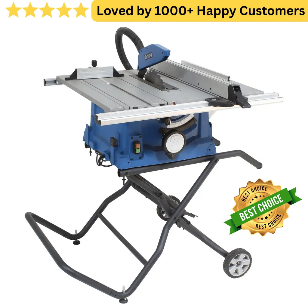 Table saw with a stand on a white background, featuring a 'Best Choice' badge and text about customer satisfaction. Get Portable Power with This Table Saw 250 MM