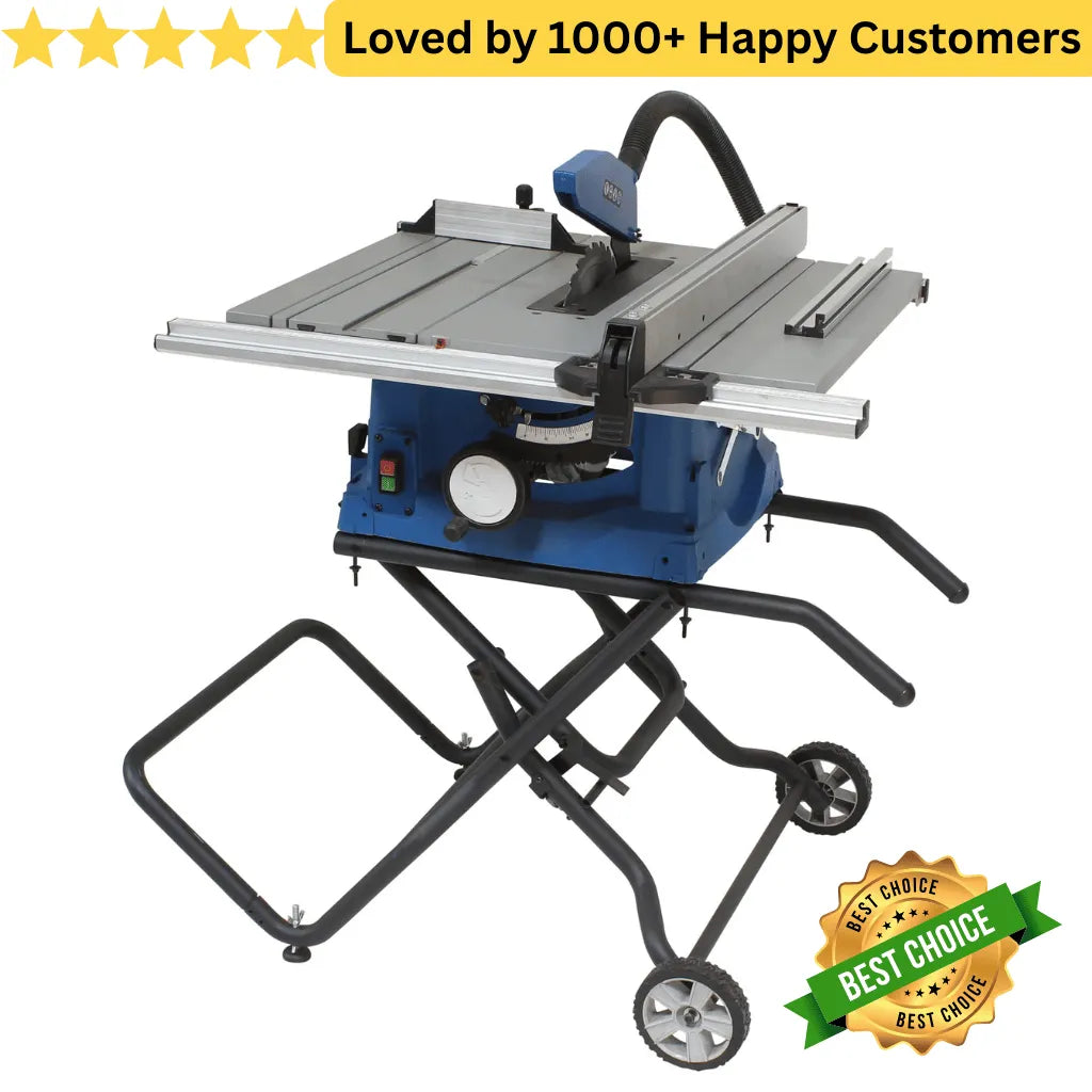 Table saw with wheels on a white background, featuring a 'Best Choice' badge and customer satisfaction text. Get Portable Power with This Table Saw 250 MM