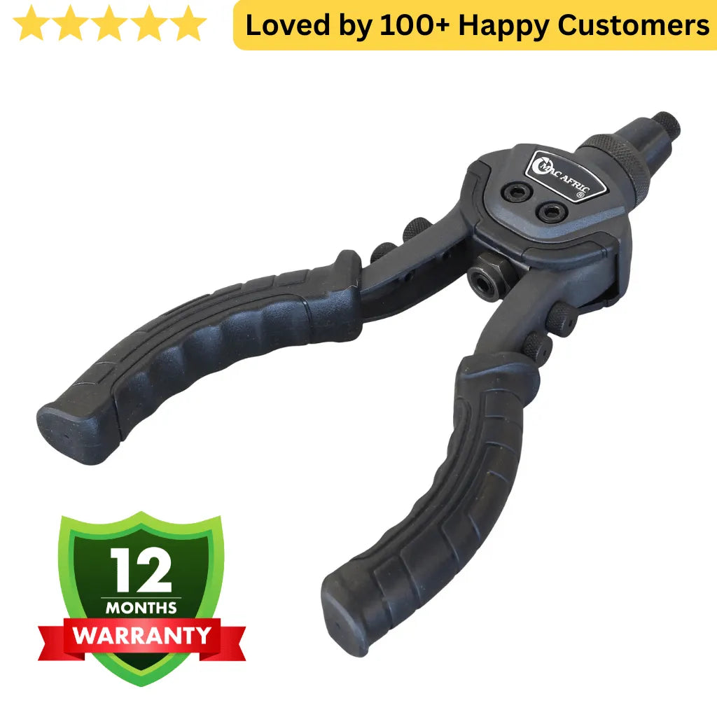 Hand Riveter Black tool with a warranty badge on a white background. 