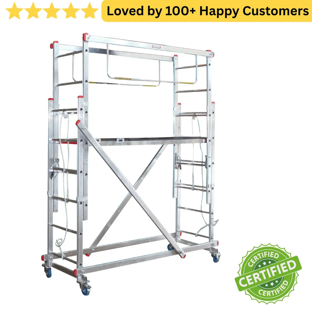 Metal scaffolding tower with certification badge and customer satisfaction text on a white background. Ladders for Sale: Heavy-Duty Mobile Platform Ladder Stage