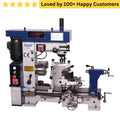 Metal lathe machine with text 'Loved by 100+ Happy Customers' above it on a white background.  Boost Output with Lathe Drill Mill Combo for Sale HQ500