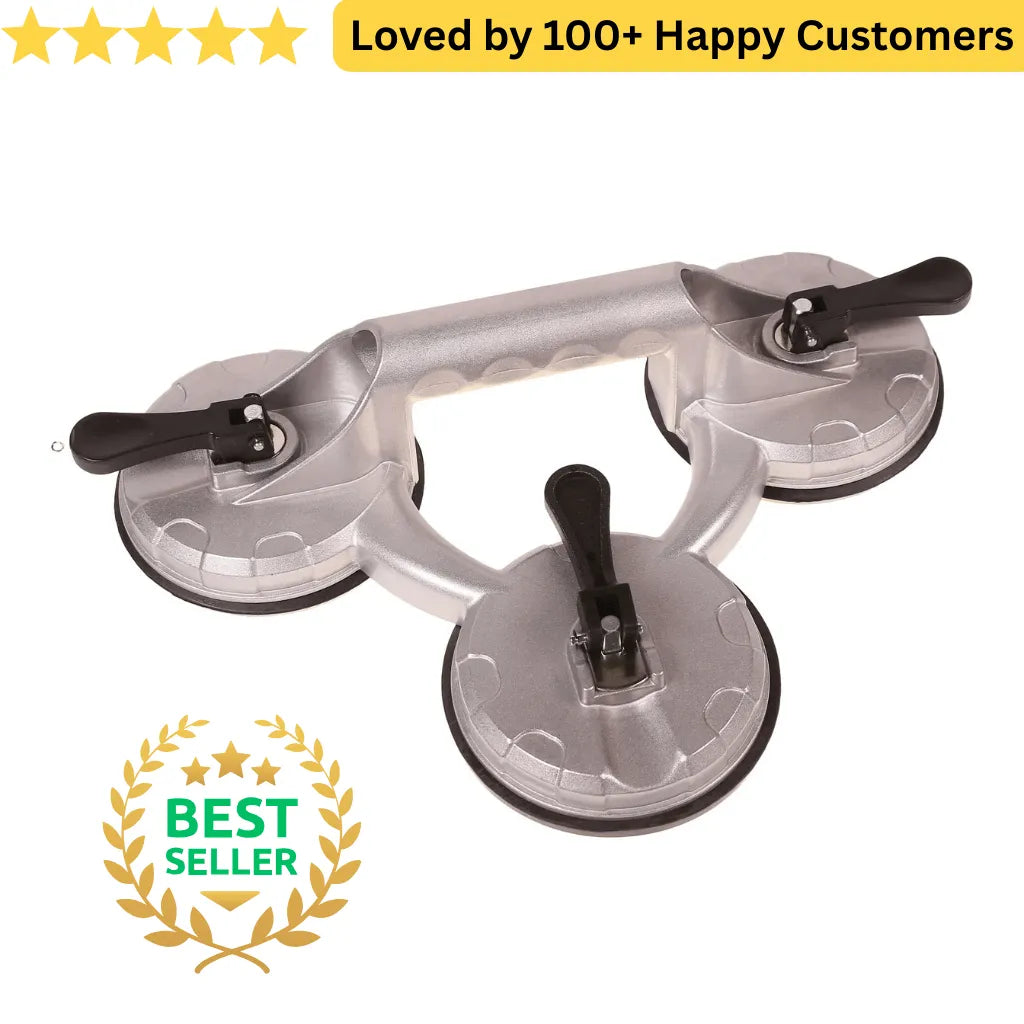 Multiple suction cups with handles on a white background, featuring a 'Best Seller' badge and customer satisfaction text. Shop suction cups for glass South Africa. MAC AFRIC triple pad lifter grips glass, marble &amp; sheet metal securely—ideal for aluminium window installation.