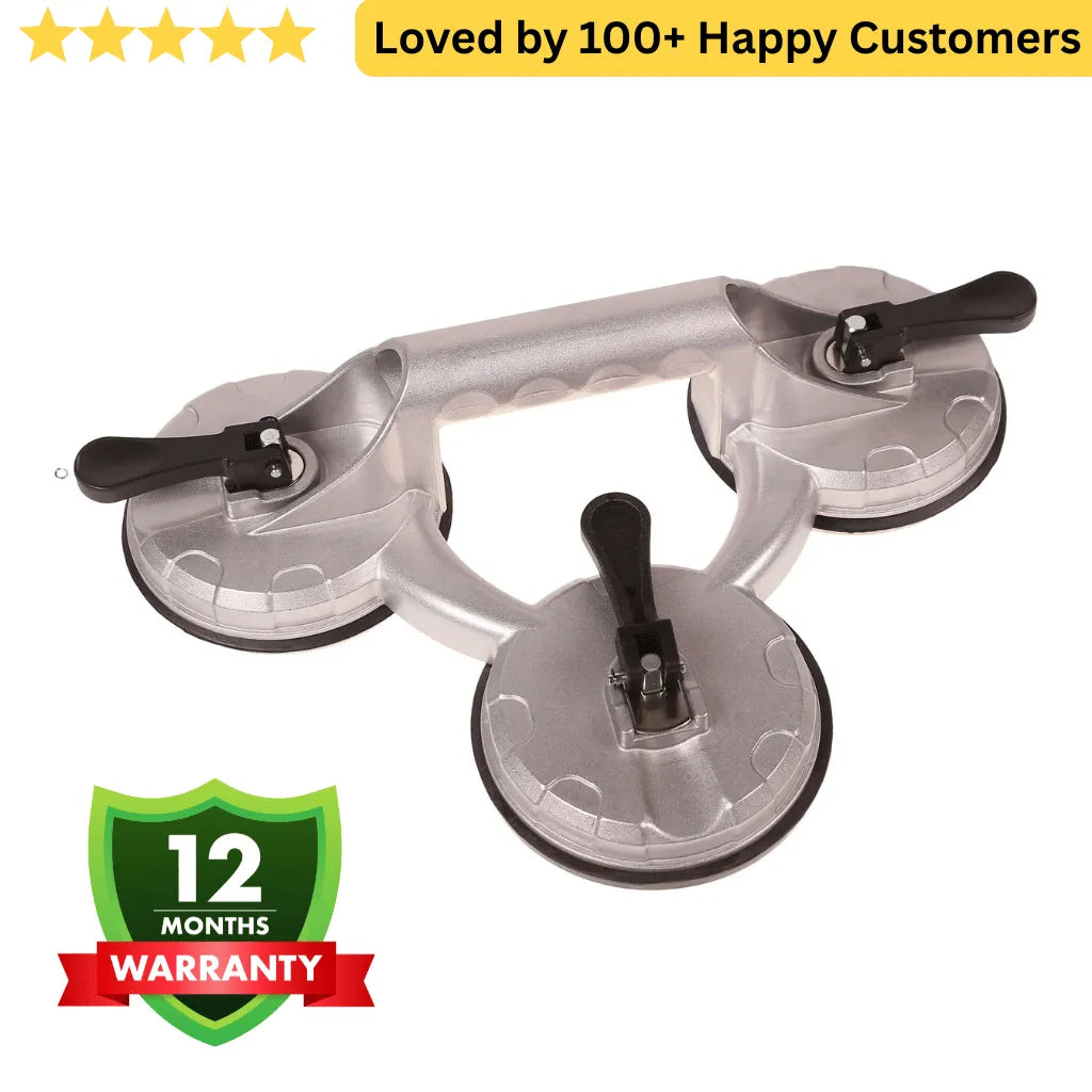 Multi-tool with suction cups on a white background, featuring a warranty badge. Shop suction cups for glass South Africa. MAC AFRIC triple pad lifter grips glass, marble &amp; sheet metal securely—ideal for aluminium window installation.