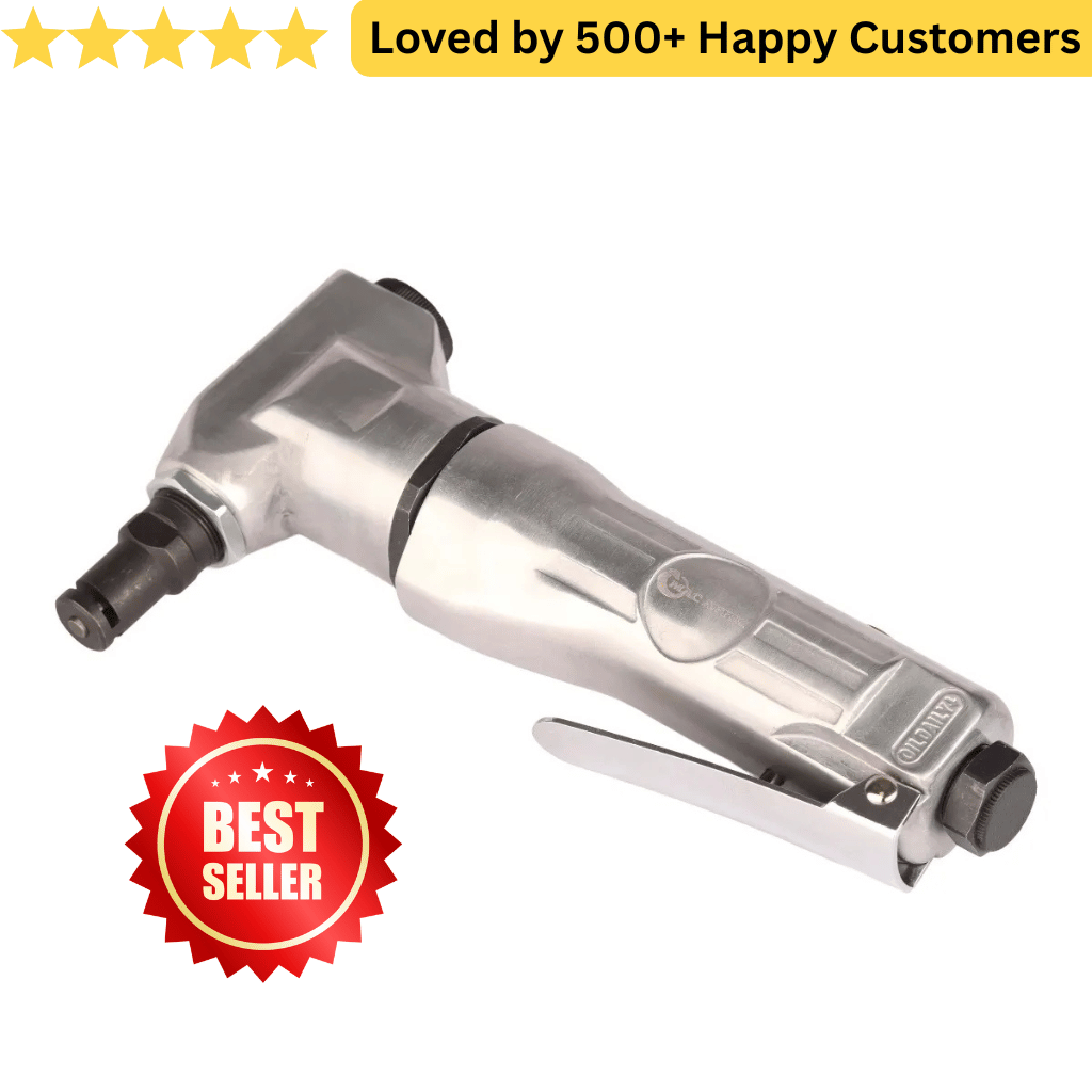 Pneumatic tool with a 'Best Seller' badge and text 'Loved by 500+ Happy Customers' on a white background. ✂️ Pneumatic Nibbler Cutting Machine for Clean Sheet Metal Work