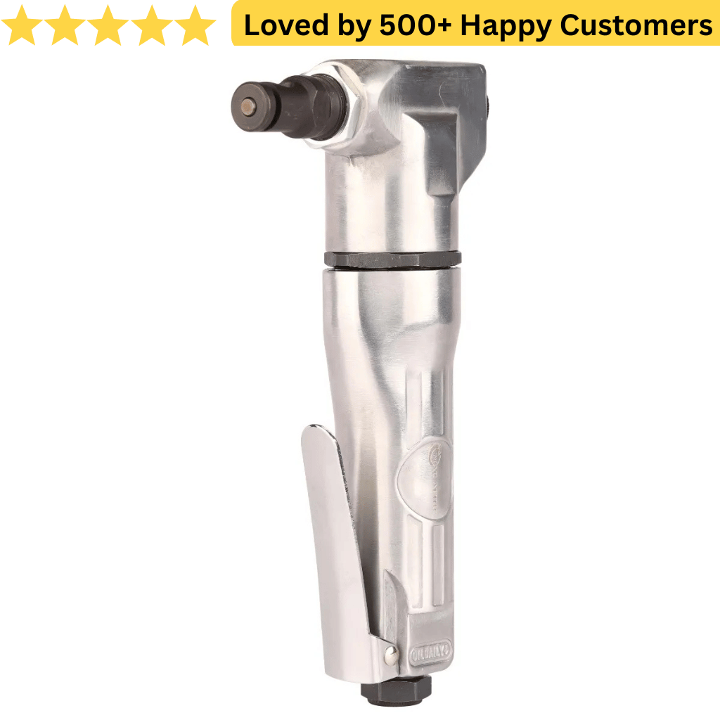 Metal tool with 'Loved by 500+ Happy Customers' text on a white background. ✂️ Pneumatic Nibbler Cutting Machine for Clean Sheet Metal Work
