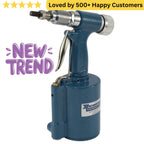 Blue pneumatic nail gun with 'New Trend' and customer satisfaction text on a white background. Air Hydraulic Semi Automatic Pop Rivet Gun: Fast M4–M10 Nut Rivet Installs for Window Builds