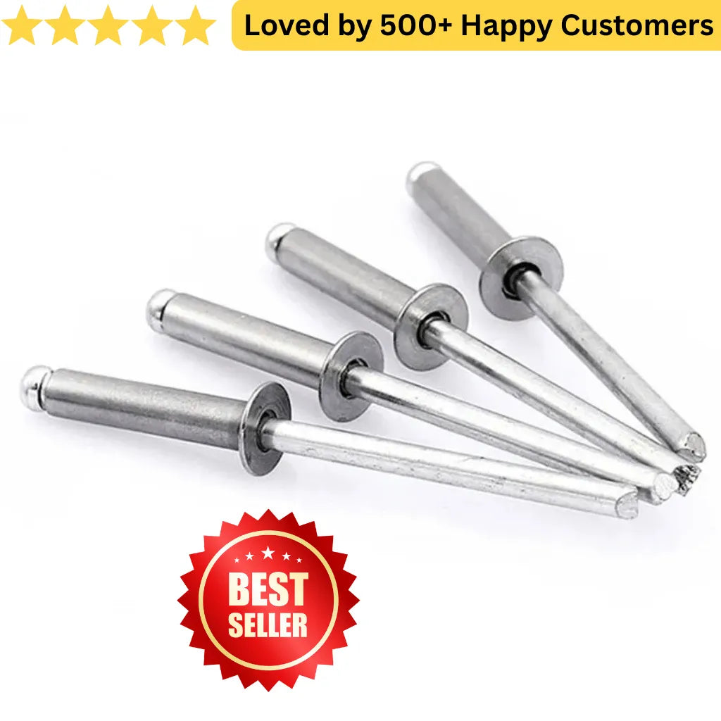 Metal rivets on a white background with a 'Best Seller' badge and text about customer satisfaction. Pop Rivets Packs – 4.8 x 15 mm Aluminium Dome Head (200 units)