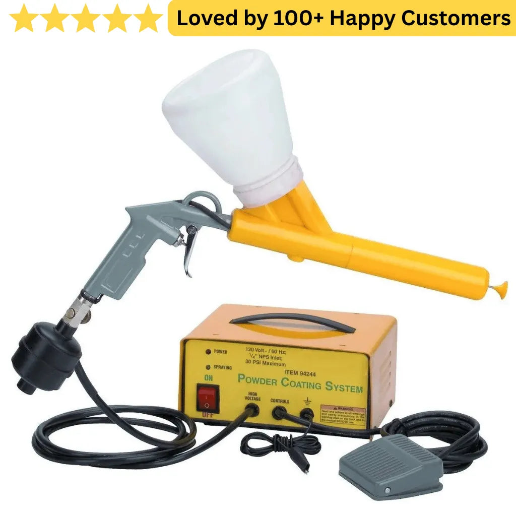 Powder coating system with gun and control box on a white background, loved by 100+ happy customers. Powder Coating Durable Finish for Aluminium Windows, Auto Parts &amp; Workshop Tools