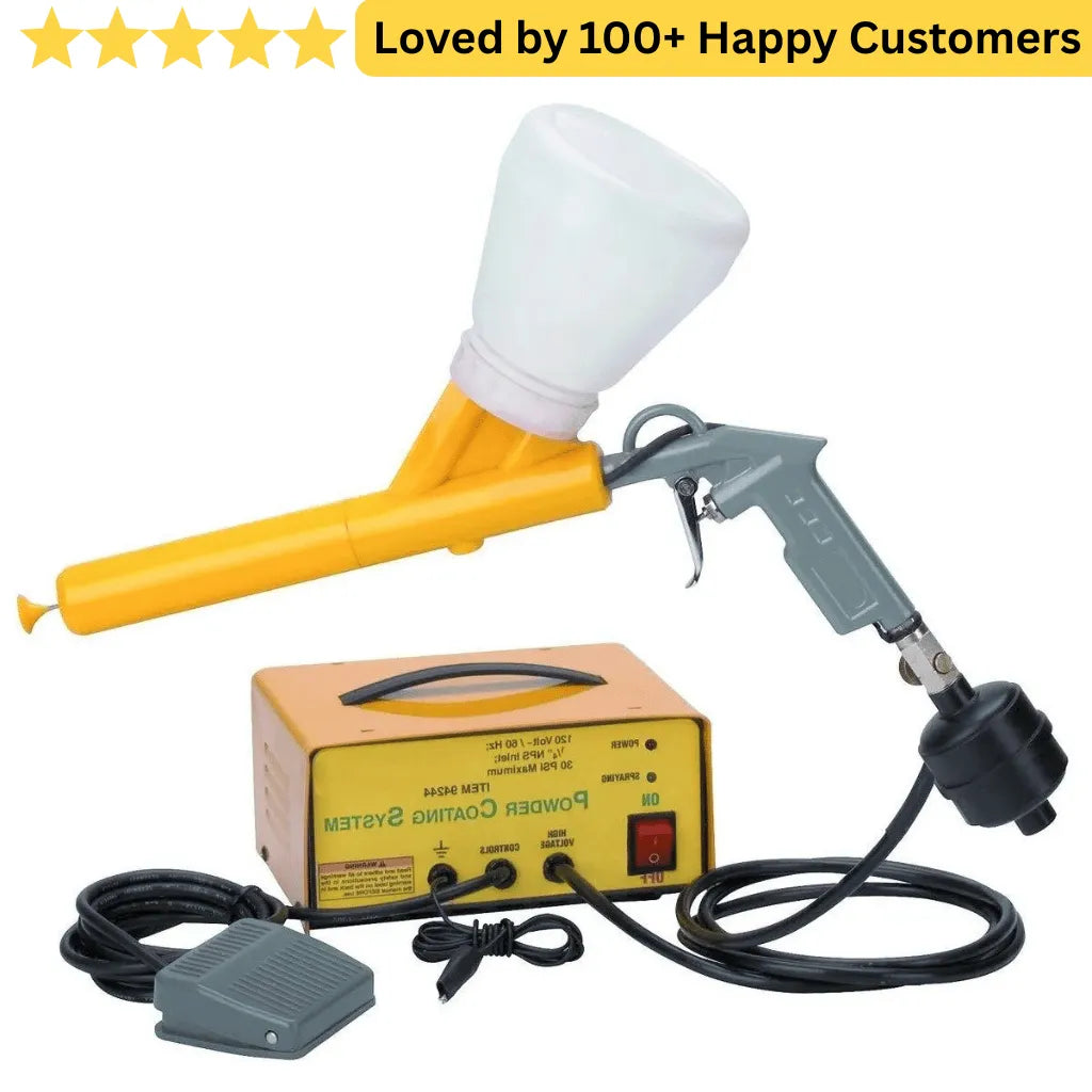 Caulking gun set with power gun, nozzle, and control box on a white background. Powder Coating Durable Finish for Aluminium Windows, Auto Parts &amp; Workshop Tools
