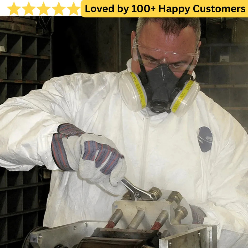 Person in protective gear working on a mechanical component with text 'Loved by 100+ Happy Customers' at the top. Respirator Mask South Africa For Safe Aluminium Cutting, Spraying &amp; Grinding