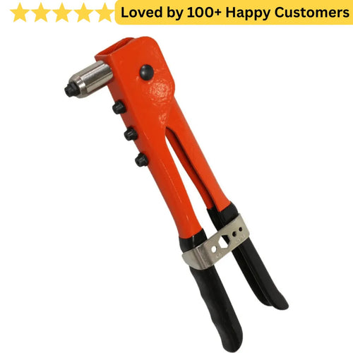 Orange rivet gun with black handles on a white background, featuring text 'Loved by 100+ Happy Customers'. Seamless Aluminium Frames with Rivets Gun