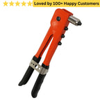 Orange rivet gun with text 'Loved by 100+ Happy Customers' on a white background. Seamless Aluminium Frames with Rivets Gun