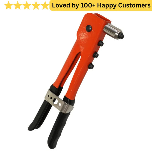 Orange rivet gun with text 'Loved by 100+ Happy Customers' on a white background. Seamless Aluminium Frames with Rivets Gun