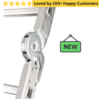 Metallic door hinge with 'NEW' label and five-star rating text on a white background. Reach Higher with Stable Aluminium Ladder Steps - Gravity 3.3M