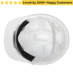 White hard hat with black strap on a white background, featuring text 'Loved by 1000+ Happy Customers'. Safety Hat South Africa – SABS Approved Protection