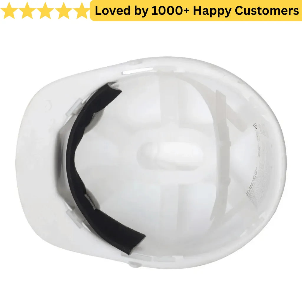 White hard hat with black strap on a white background, featuring text 'Loved by 1000+ Happy Customers'. Safety Hat South Africa – SABS Approved Protection