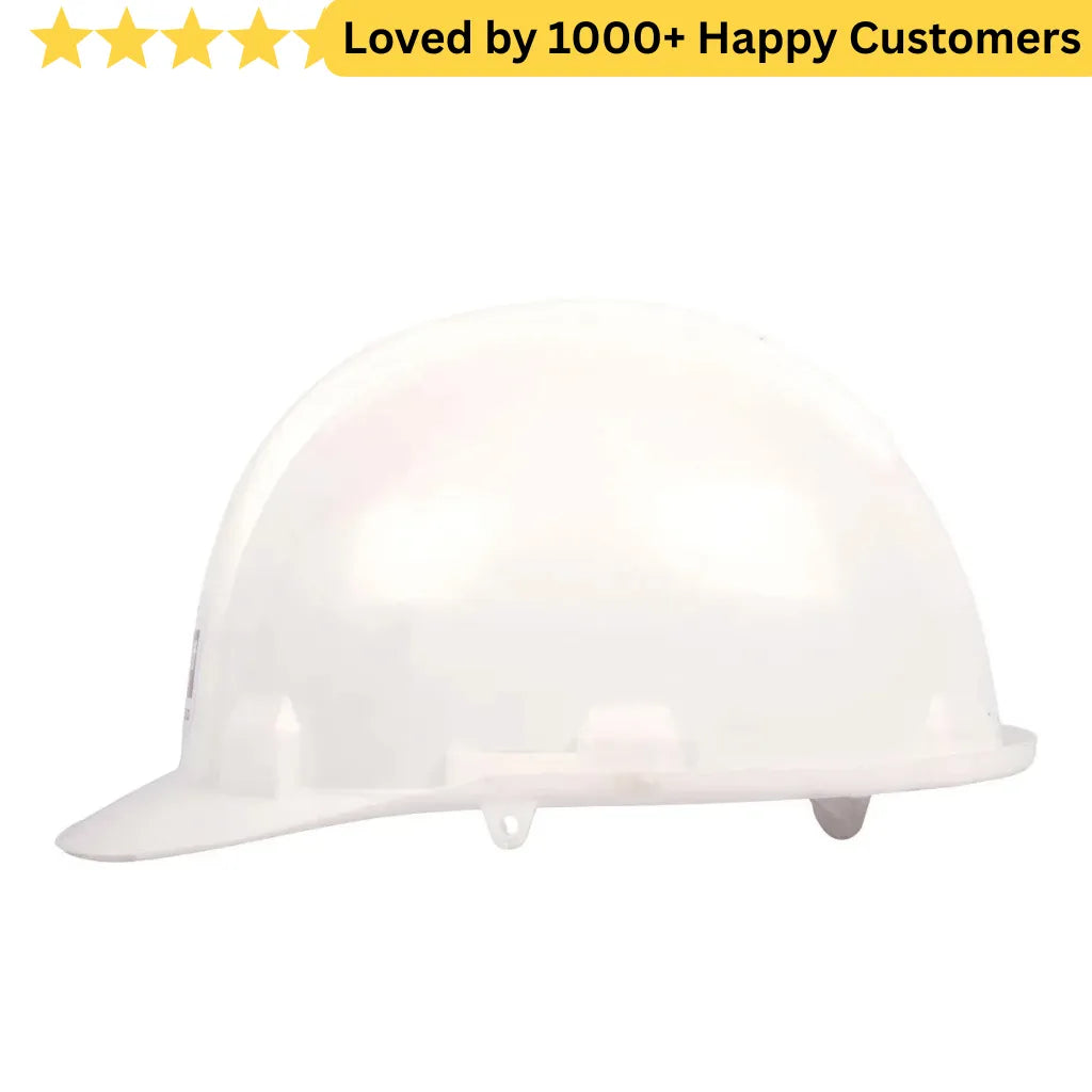 White hard hat on a white background with text 'Loved by 1000+ Happy Customers'. Safety Hat South Africa – SABS Approved Protection