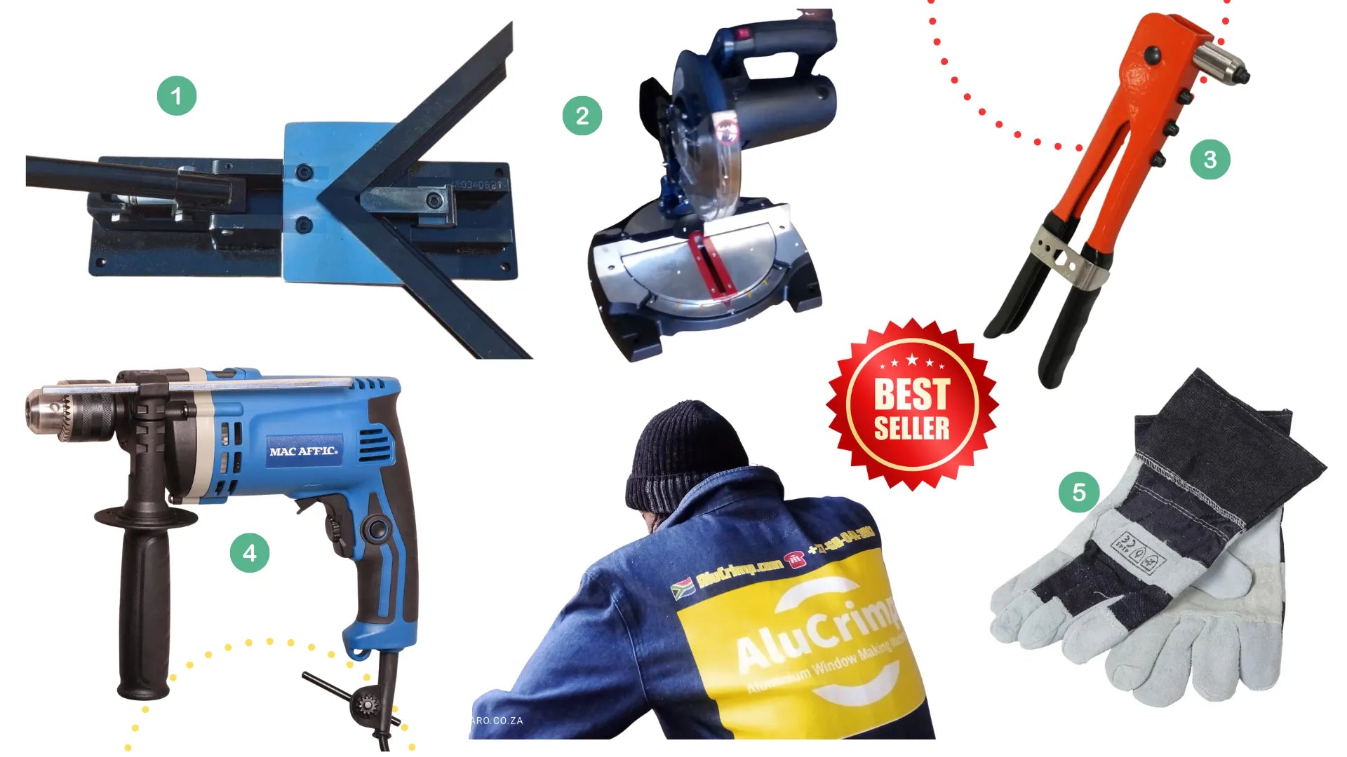 Collection of tools including a drill, saw, pliers, and safety gear with a 'Best Seller' badge. 🔥 Starter-Pack Aluminium 101 Combo orders Save R2000 for the next 48 hours!  🚀 