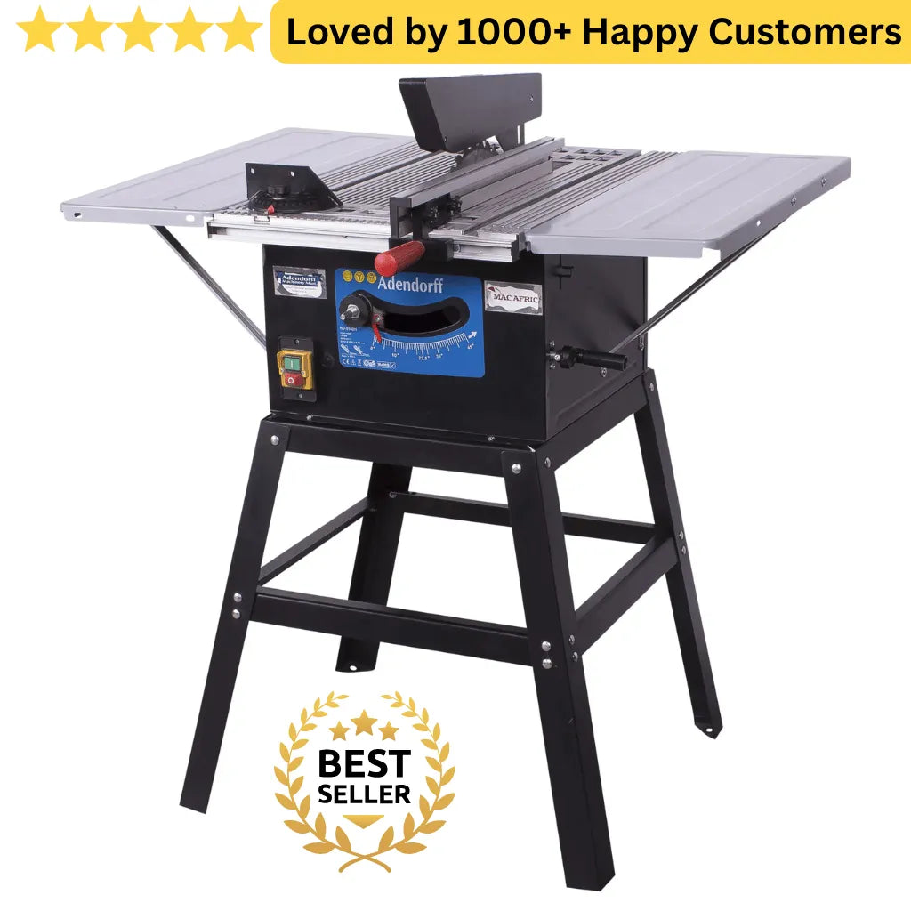 Table saw with Adorndri branding and customer satisfaction text on a white background. Table Saw Machine for Mobile Cutting Power MAC AFRIC 250 MM