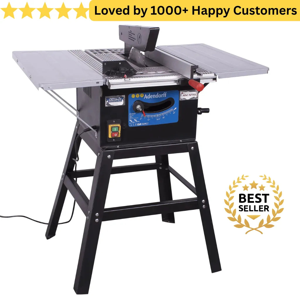 Table saw with Adendorff branding on a white background, featuring a five-star rating and 'Best Seller' badge. Table Saw Machine for Mobile Cutting Power MAC AFRIC 250 MM