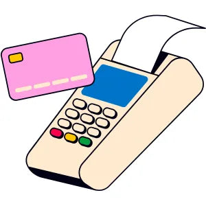 Colorful illustration of a credit card and a cash register on a white background