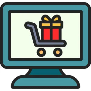 Cart with a gift on a computer screen, symbolizing online shopping.