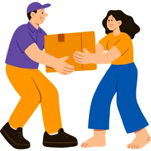 Illustration of a delivery person handing a package to a recipient on a white background