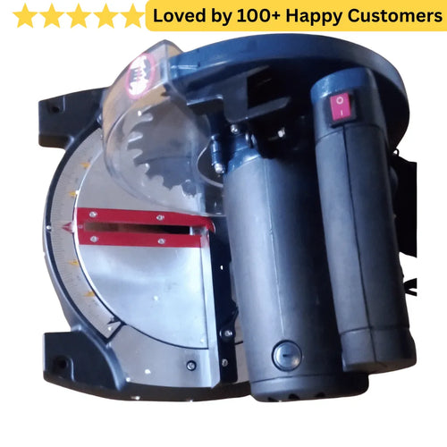 mitre saw with a clear guard on a white background, featuring text about customer satisfaction. aluminium cutting machine south africaj by AluCrimp 