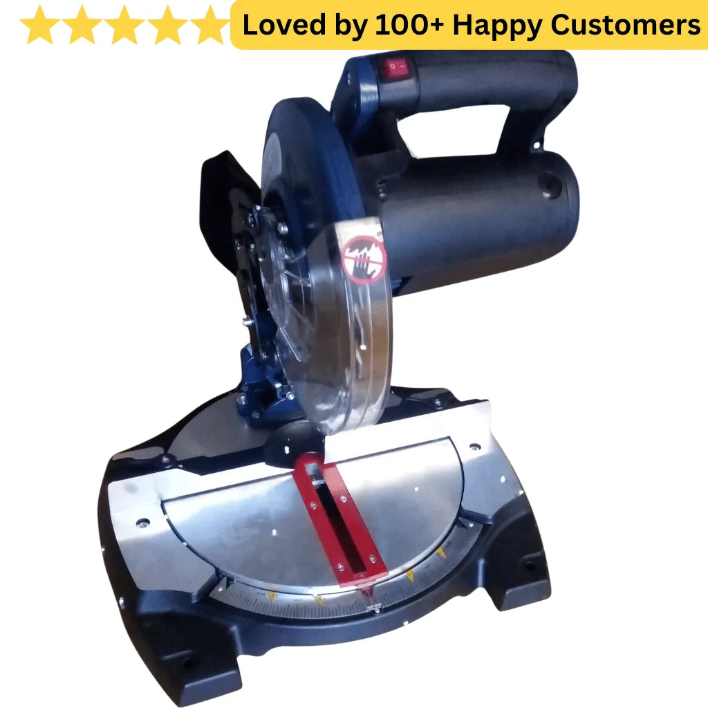 Mitre saw with a white background and text about customer satisfaction. aluminium cutting machine south africa