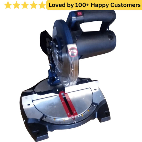 Mitre saw with a white background and text about customer satisfaction. aluminium cutting machine south africa