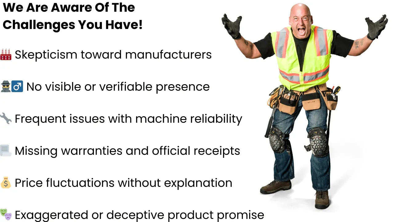 unhappy aluminium windows manufacturer in safety gear with text about challenges faced by customers, on a white background