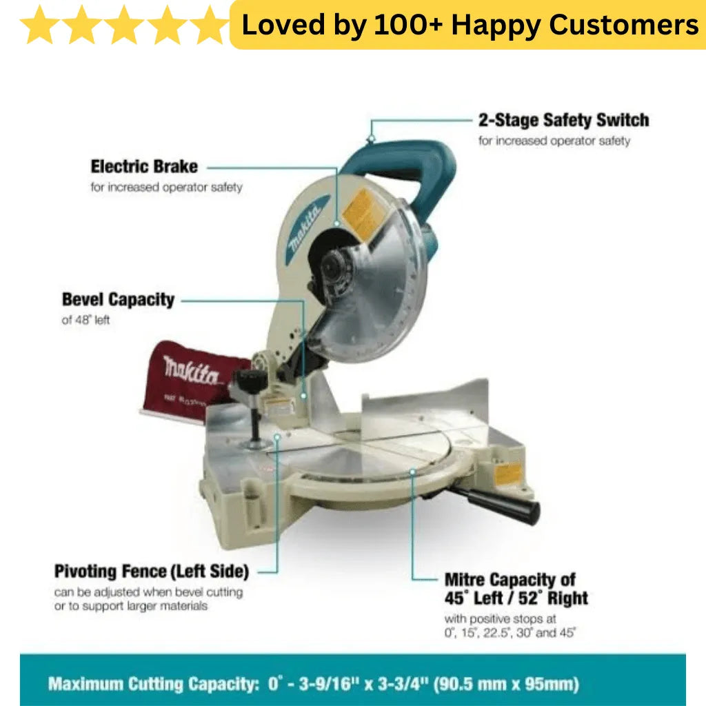 Miter saw with labeled features on a white background. Makita Aluminium Cutting Machine – Precision Power LS1040