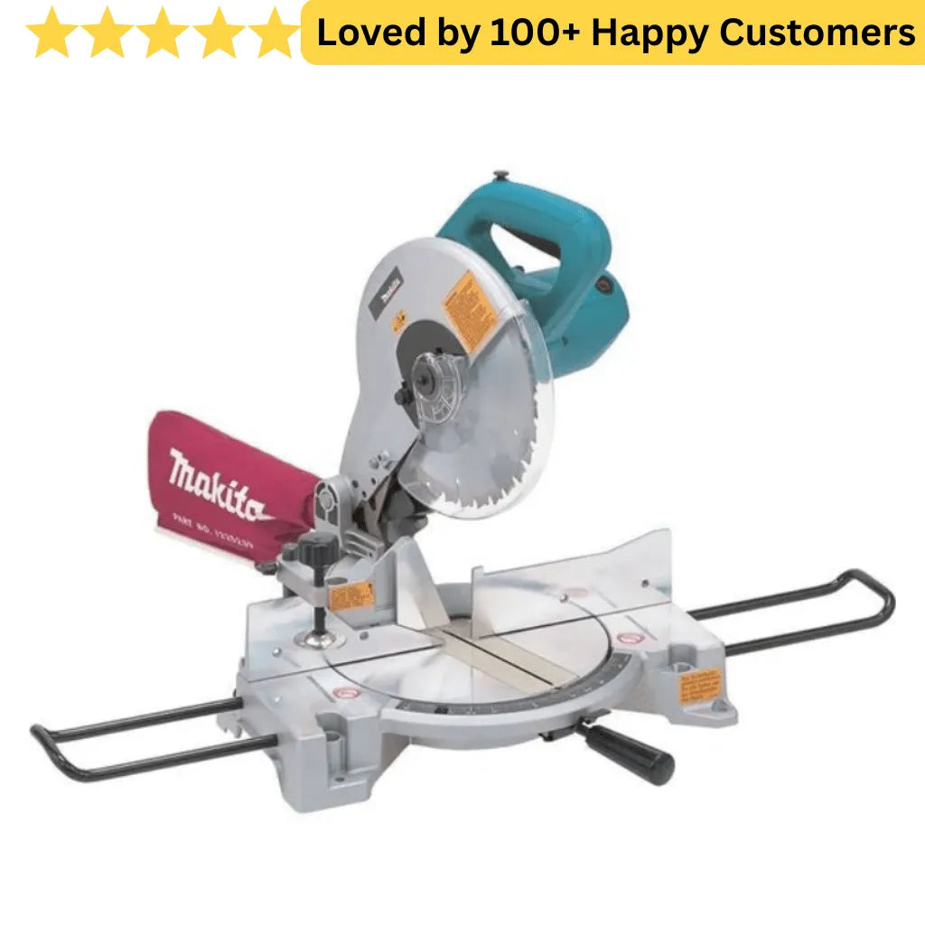 Makita power saw on a white background with customer satisfaction text above. Makita Aluminium Cutting Machine – Precision Power LS1040