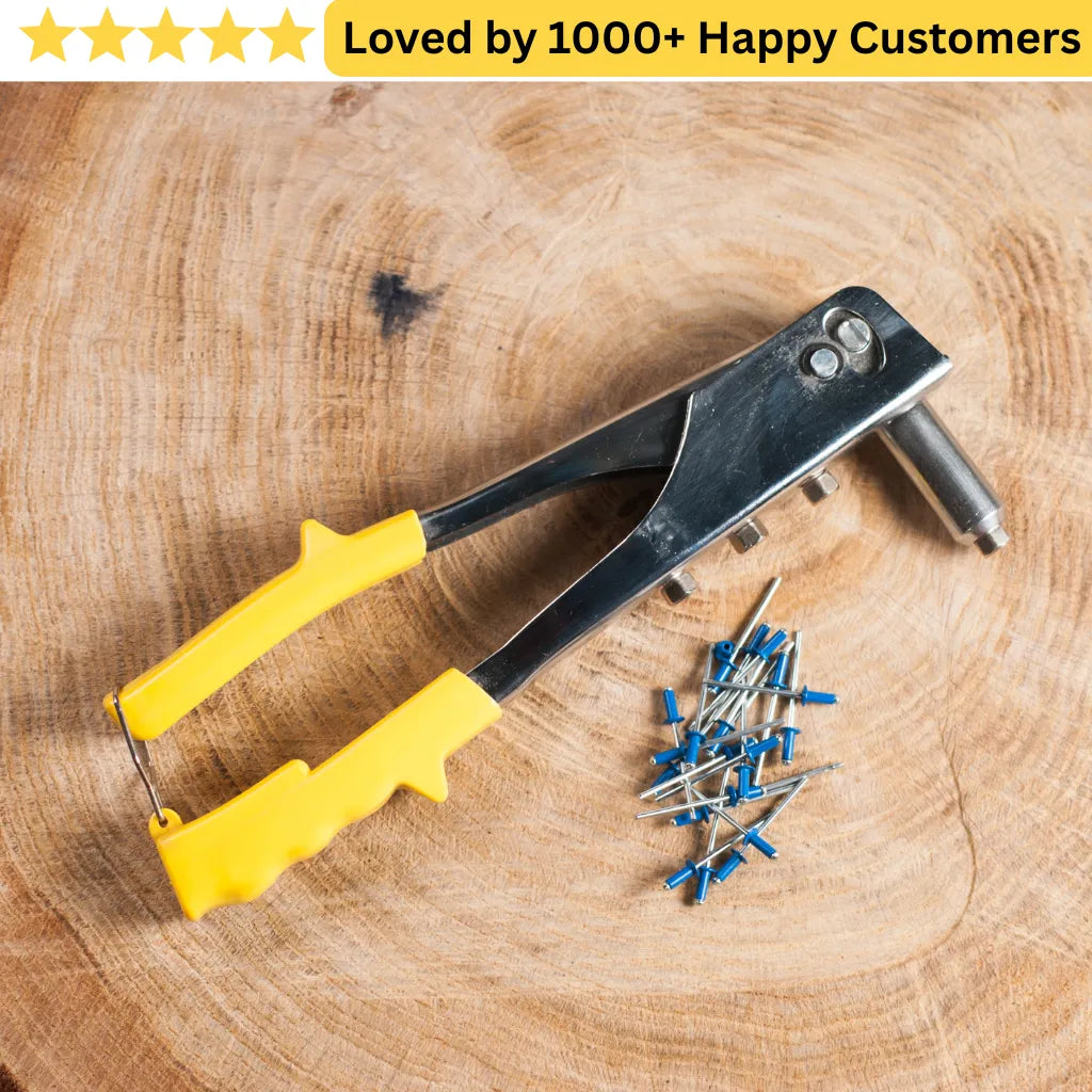 Punch tool with yellow handle and blue pins on a wooden surface, with text 'Loved by 1000+ Happy Customers'.