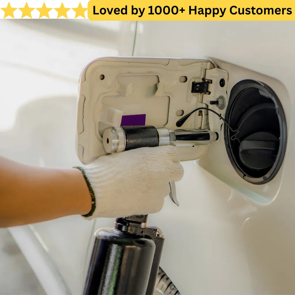 Person using a RIVET Tool to open a car fuel cap with text 'Loved by 1000+ Happy Customers' at the top.