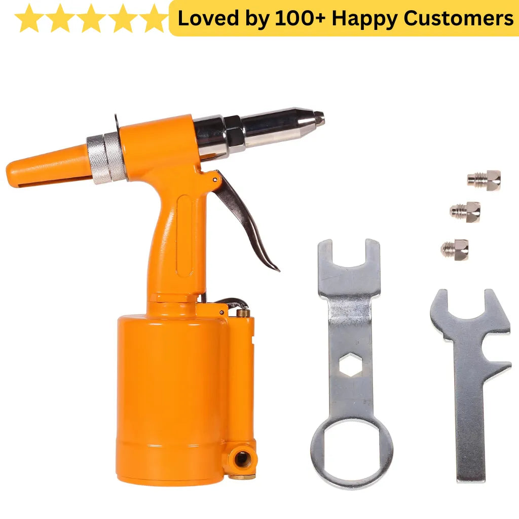 Orange铆钉枪配工具和配件，附有'100+ Happy Customers'的评价标签。Pop Rivet Tool for Clean Riveting for Window Fabrication