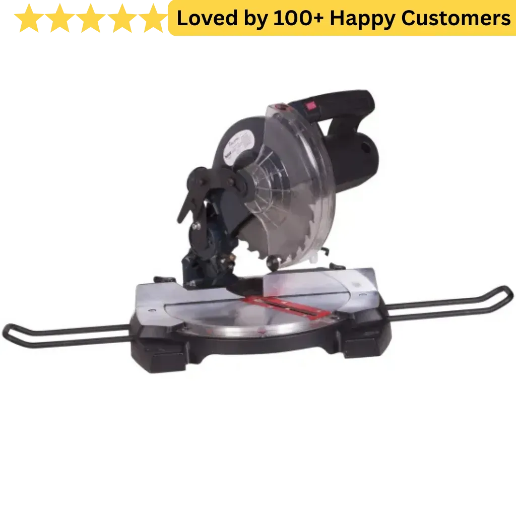 Miter saw with text 'Loved by 100+ Happy Customers' on a white background. aluminium cutting machine south africa